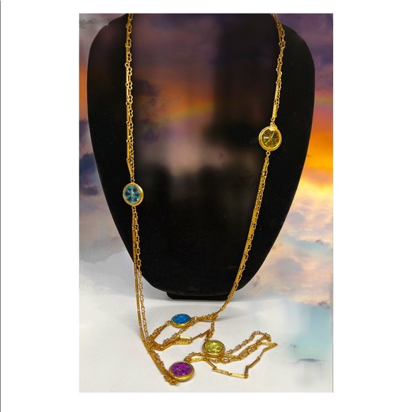 Judy Lee Jewelry - Vintage Judy Lee Gold Hue Colorful Cut Glass 50”L Necklace